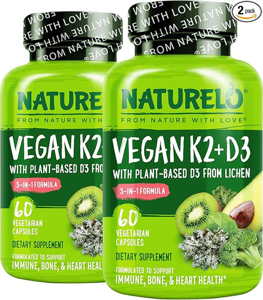 NATURELO Vitamin D3 K2 - Vegan K2+D3 with Plant Based D3 from Lichen - Natural D3 Supplement for Immune System, Bone Support, Heart Health - Whole Food - Non-GMO - Gluten Free, 60 Capsules (Pack of 2)