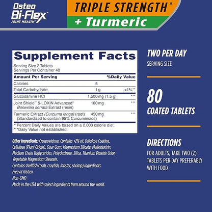 Osteo Bi-Flex Triple Strength Glucosamine with Turmeric, Joint Health Supplement, Coated Tablets, Original Version, 80 Count (Pack of 2)