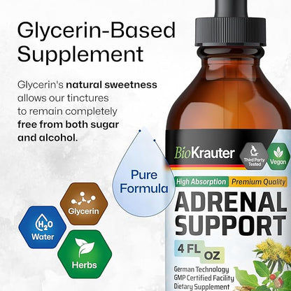 BIO KRAUTER Adrenal Support Tincture - Rhodiola & Ashwagandha Supplements - Vegan Mood Support Drops 4 Fl.Oz.