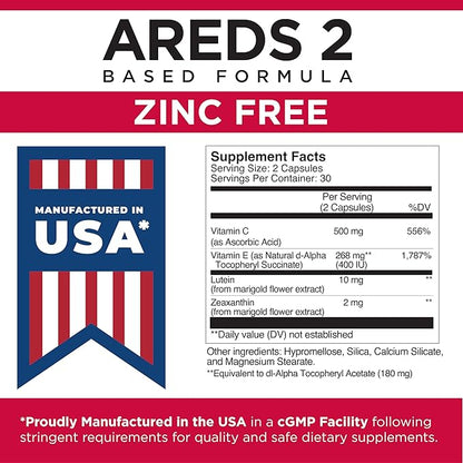 Viteyes AREDS 2 Zinc Free Macular Support, Natural Allergen Free Capsules with Vitamin E, Vitamin C, Lutein & Zeaxanthin, No Zinc, No Copper, Eye Doctor Trusted, Manufactured in The USA, 60 Ct