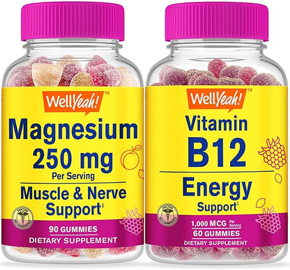 Magnesium Citrate 250mg + Vitamin B12 1000mcg, Gummies Bundle - Great Tasting, Vitamin Supplement, Gluten Free, GMO Free, Chewable Gummy