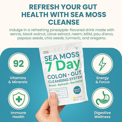 Atlantic Naturals Sea Moss 7-Day Cleanse Colon & Gut Detox - Juice Cleanse Support with Golden Flax Seeds, Psyllium Husk Senna Powder, Body Detox for Women & Men - Pineapple Flavor Mix Drink (14 oz)