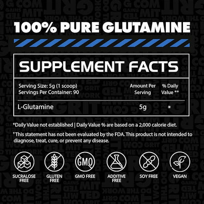 Gains in Bulk L-Glutamine, Gluten Free Glutamine Powder for Muscle Recovery and Growth, Post Workout Support, Amino Acid Supplement, Promotes Protein Synthesis, Non GMO, Unflavored, 90 Servings