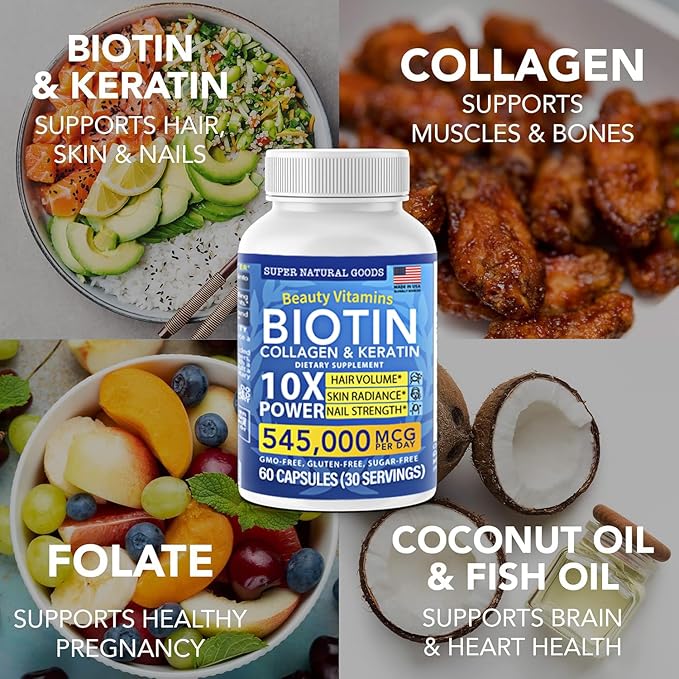 Biotin and Collagen Vitamins + Keratin with Folate - Hair Loss Treatments for Women & Men - Follicle, Skin and Nail Supplements for Hair Growth & Postpartum Support - GMO Free & Gluten Free (120 Caps)