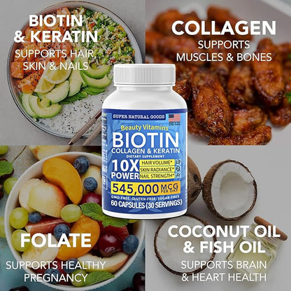 Biotin and Collagen Vitamins + Keratin with Folate - Hair Loss Treatments for Women & Men - Follicle, Skin and Nail Supplements for Hair Growth & Postpartum Support - GMO Free & Gluten Free (120 Caps)