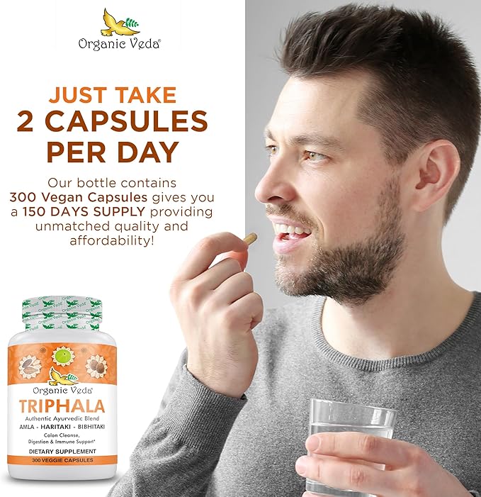 Organic Veda Triphala Powder 300 Capsules, 1000mg - Organic Triphala Supplement for Colon Cleanse, Immune, Gut & Digestion Health - Whole Green Antioxidants Amla, Haritaki & Bibhitaki - Vegan Pills