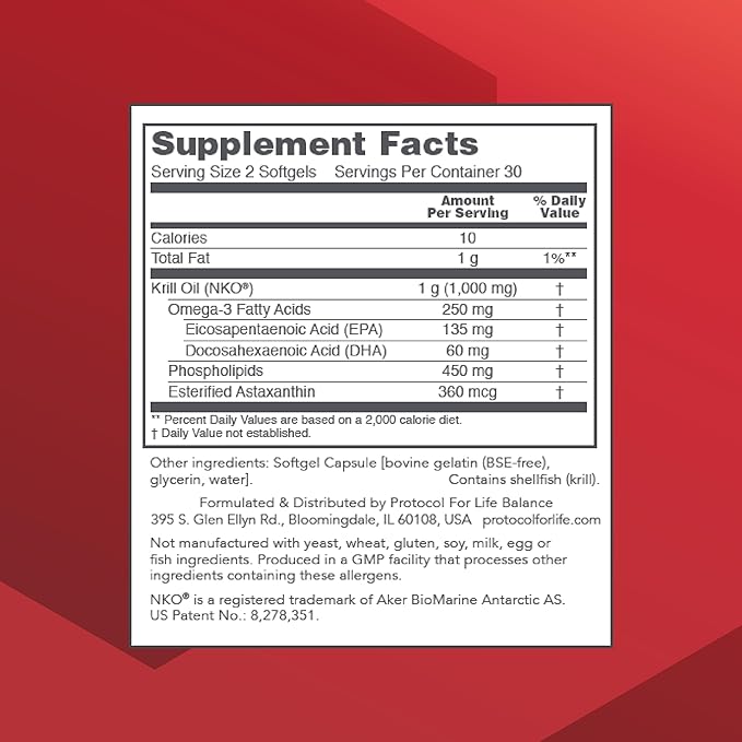 PROTOCOL FOR LIFE BALANCE Krill Oil 1,000mg - Extra Strength Krill Oil Supplement - DHA & EPA - with Astaxanthin - Support Heart, Brain, Joints - Non-GMO & Halal - 60 Softgels
