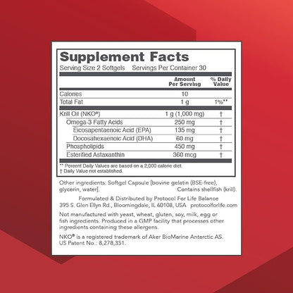 PROTOCOL FOR LIFE BALANCE Krill Oil 1,000mg - Extra Strength Krill Oil Supplement - DHA & EPA - with Astaxanthin - Support Heart, Brain, Joints - Non-GMO & Halal - 60 Softgels