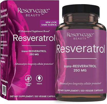 Reserveage Nutrition Beauty Resveratrol 250 mg - Best Trans-Resveratrol - Vegan Antioxidant Supplement for Cellular & Heart Health - Aids Healthy Aging & Immune Health - 120 Vegetable Capsules