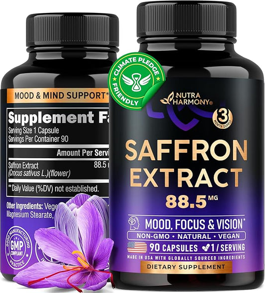Natural Saffron Supplements - Pure Saffron Extract 88.5 mg - Made in USA - Mood | Focus | Vision | Energy Support - Eye Health for Women & Men - NonGMO Vegan Pills - 90 Powder Capsules, 3 Month Supply