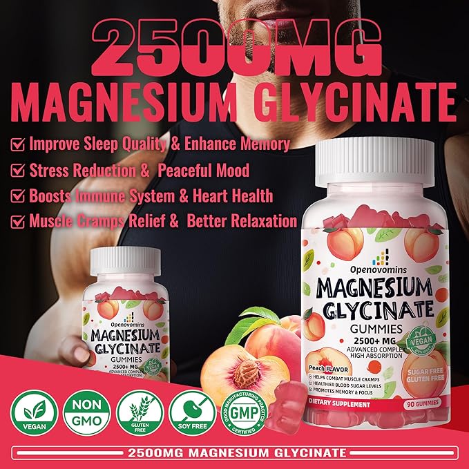 Magnesium Glycinate Gummies 2500mg - Sugar Free Magnesium Potassium Supplement with Vitamin D, B6, CoQ10 for Calm Mood & Sleep Support - 90 Peach Gummies