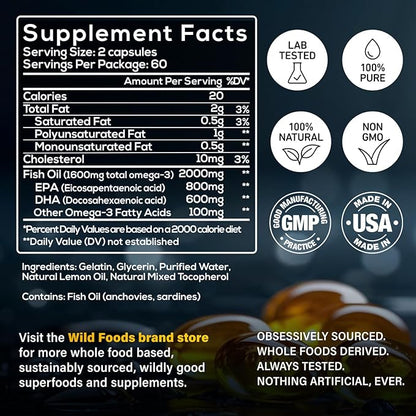 Wild Foods Omega 3 Fish Oil Supplement, 120 Capsules (2 pk) | Wild Caught, Burpless, Odorless, Non-GMO, Gluten Free | DPA, DHA, EPA Triple Strength Joint Nutrition for Women & Men