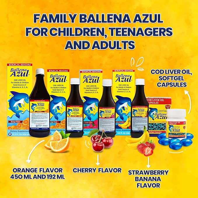 Ballena Azul Aceite de Hígado de Bacalao para Adultos y Niños, COD Liver Oil for Adults and Children, Good Source of Vitamins A,D,E, B1, Dietary Supplement, Omega 3, Inmune System Boost (ORANGE 15 OZ)