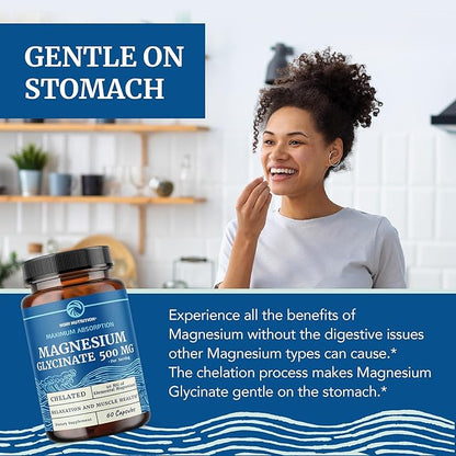 Magnesium Glycinate 500mg | Chelated for High Absorption | Muscle Relaxation, Bones, Heart, Nerve, Sleep & Calm Support for Women & Men | Magnesium Chelate Supplement & Bisglycinate Complex | 60ct