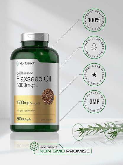 Horbäach Flax Seed Oil Softgels 3000mg | 300 Capsules | Cold Pressed | with Omega 3 6 9 | Alpha-Linolenic, Linoleic, and Oleic Acid | High Potency | Non-GMO & Gluten Free Supplement