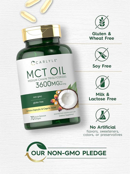 Carlyle MCT Oil Capsules | 3600mg | 70 Softgels | Keto Coconut Oil | with Caprylic & Capric Acid | Non-GMO and Gluten Free Supplement