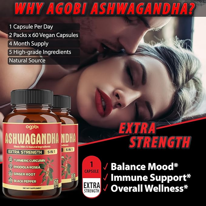 2 Packs - 60 Capsules Ashwagandha Capsules - High Concentrated - 5in1 Formula Ashwagandha, Turmeric, Rhodiola Rosea, Ginger, Black Pepper - 4 Month Supply