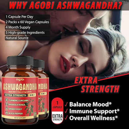 2 Packs - 60 Capsules Ashwagandha Capsules - High Concentrated - 5in1 Formula Ashwagandha, Turmeric, Rhodiola Rosea, Ginger, Black Pepper - 4 Month Supply
