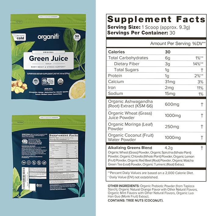 Organifi Green Juice - Organic Superfood Powder - 180-Day Supply - Organic Vegan Greens - Helps Decrease Cortisol - Provides Better Response to Stress - Supports Weight Control - Total Body Wellness