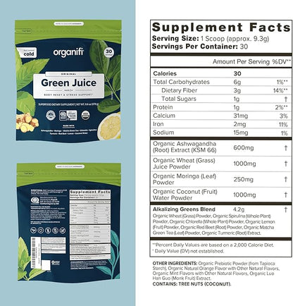 Organifi Green Juice - Organic Superfood Powder - 180-Day Supply - Organic Vegan Greens - Helps Decrease Cortisol - Provides Better Response to Stress - Supports Weight Control - Total Body Wellness