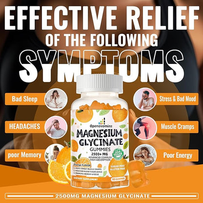 Magnesium Glycinate Gummies- Sugar Free Magnesium Potassium Supplement with Vitamin D, B6, CoQ10 for Calm Mood & Sleep Support - 90 Orange Gummies