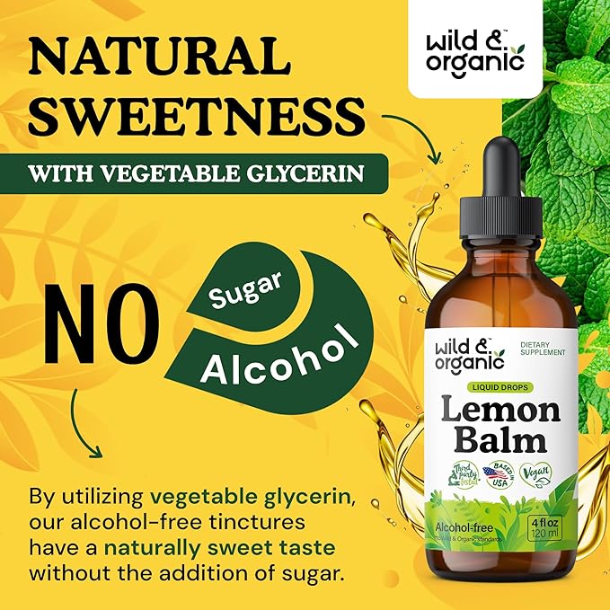 Wild & Organic Lemon Balm Tincture - Mood Support Supplement - Melissa Lemon Balm Leaf Extract Drops - Vegan, Sugar & Alcohol-Free Calming Supplement - 4 fl oz