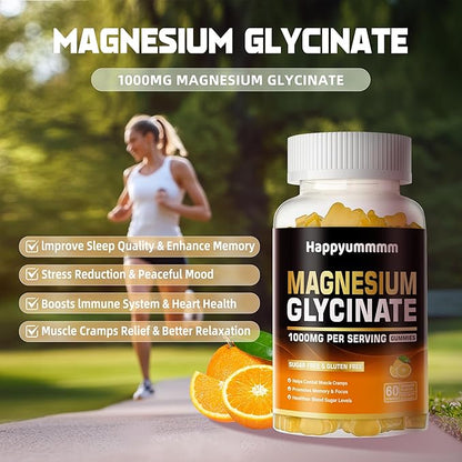 Magnesium Glycinate Gummies 1000mg - Sugar Free Magnesium Potassium Supplement with Vitamin D, B6, CoQ10 for Calm Mood & Sleep Support - 120 Orange Gummies.