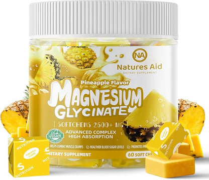 Magnesium Glycinate Soft Chews, Pineapple Flavor.Chewable Sugar Free Potassium Magnesium Chews with Magnesium Glycinate, Vitamin D, B6, and CoQ10 for Calm Support & Sleep for Adults, 60 Days Supply