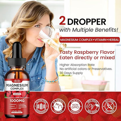 Triple Magnesium Complex Supplement, Magnesium Glycinate, threonate, Citrate Liquid Drops 1000mg with Ashwagandha, CoQ10, Vitamin B6, C, D, Zinc - Vegan Raspberry Flavor
