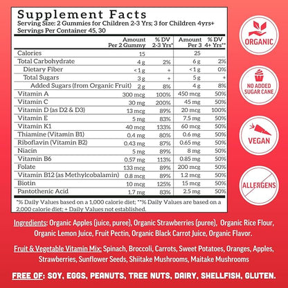 Llama Naturals Kids Multivitamin Gummies, Vegan, Organic with Vitamin D, C & K, Toddler Real Fruit Gummy Vitamins, Chewable Supplement, Whole Food Multivitamin, No Added Sugar Cane, Strawberry, 2 Pk
