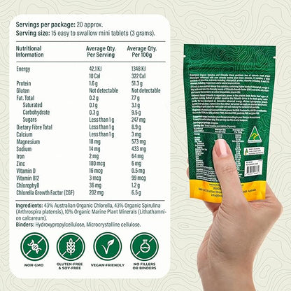 Organic Spirulina & Chlorella + Marine Plant Minerals, Australian | BioDynamic Cracked Cell Wall, Chlorophyll-Rich, Vitamins, Minerals |Vegan Tablets (200 mg) (300)