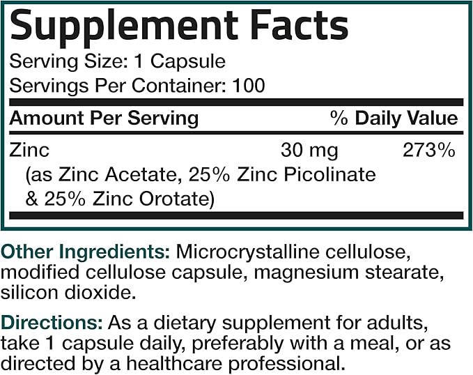 Bronson Zinc Triple Play 30 mg Triple Coverage Immune Support with Zinc Acetate, Picolinate & Orotate - Immune, Antioxidant & Skin Health Support - 100 Vegetarian Capsules