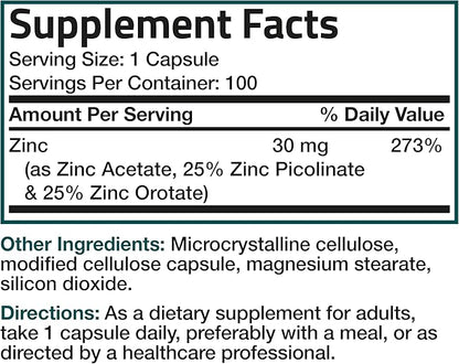 Bronson Zinc Triple Play 30 mg Triple Coverage Immune Support with Zinc Acetate, Picolinate & Orotate - Immune, Antioxidant & Skin Health Support - 100 Vegetarian Capsules