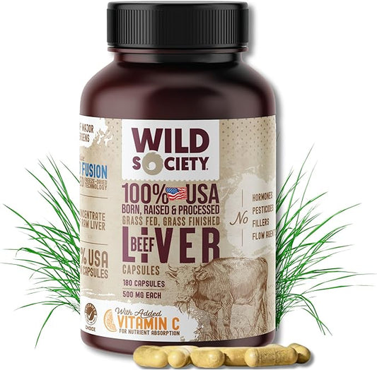 WILD SOCIETY - USA Grass Fed Beef Liver Capsules - 3000mg Max Strength for Energy, Stamina, Natural Detox, Hair & Nail - Non GMO, Allergen Free, Beef Liver Supplement - 180 Desiccated Capsules