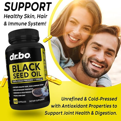 Black Seed Oil Capsules Vegan - Pure Cold Pressed Black Seed Oil Nigella Sativa Cumin for Skin & Hair Health, 500mg, 1000mg Per 2 Capsule Serving Blackseed Liquid Capsules Halal - 60 Softgels Pills