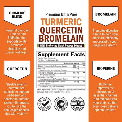 Turmeric Quercetin with Bromelain Supplement - Natural Extra Strength Immune and Joint Support with BioPerine Black Pepper for Max Absorption - Organic Tumeric Bromelain Supplement Vegan Safe, Non-GMO