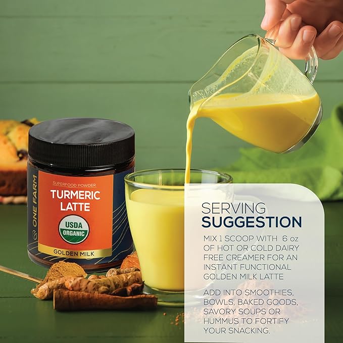 Turmeric Latte Powder - USDA Organic >5% Curcuminoid Turmeric, Lions Mane, Ashwagandha, Ginger, Cinnamon in a Resealable Glass Jar, 45 Servings - Perfect for Making Golden Milk