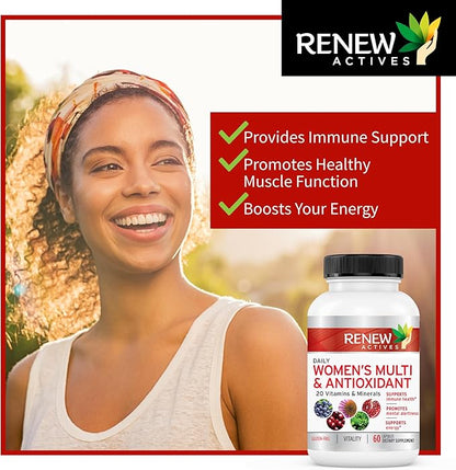 Renew Actives Women's Multi-Vitamin & Antioxidant: Daily Health Supplement - 22 Vitamins & Minerals for Energy & Mental Alertness, 2 Capsules per Serving - 60 Capsules