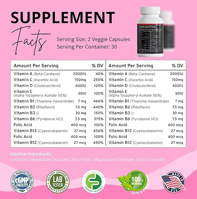 Stellar Labs Low FODMAP Vegan Women's Ultra Multi-Vitamin | Easy to Digest Daily Multivitamin Without Iron | Low Energy Supplement, Female Support | Easy to Swallow Veggie Capsules | 60 Count