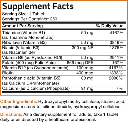Bronson Super B Vitamin B Complex Sustained Slow Release (Vitamin B1, B2, B3, B6, B9 - Folic Acid, B12) Contains All B Vitamins 250 Tablets