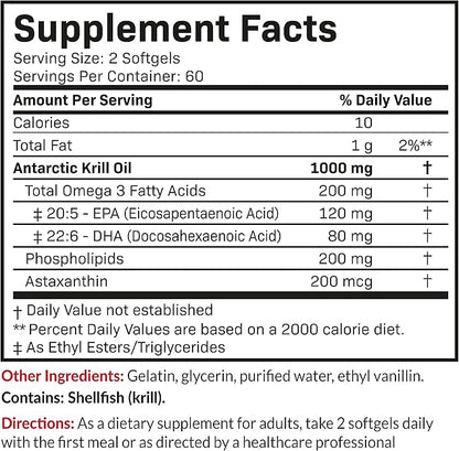 Futurebiotics Antarctic Krill Oil 1000mg with Omega-3s EPA, DHA, Astaxanthin and Phospholipids - Premium Krill Oil Heavy Metal Tested, Non GMO – 120 Softgels (60 Servings)