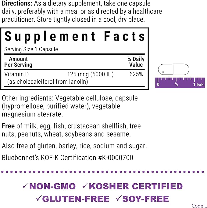Bluebonnet Nutrition Vitamin D3 5000 IU Vegetable Capsule, Aids in Muscle & Skeletal Growth, Cholecalciferol from Lanolin, D3, Non GMO, Gluten Free, Soy Free, Milk Free, Kosher, 60 Count