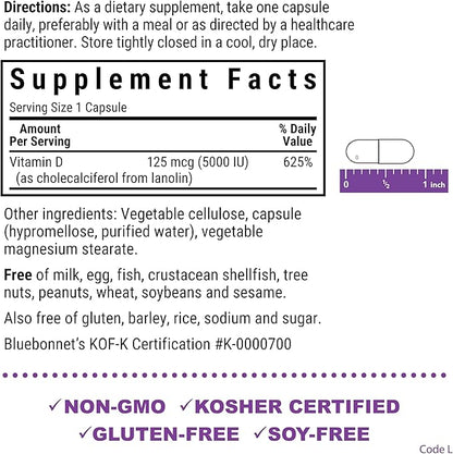 Bluebonnet Nutrition Vitamin D3 5000 IU Vegetable Capsule, Aids in Muscle & Skeletal Growth, Cholecalciferol from Lanolin, D3, Non GMO, Gluten Free, Soy Free, Milk Free, Kosher, 60 Count