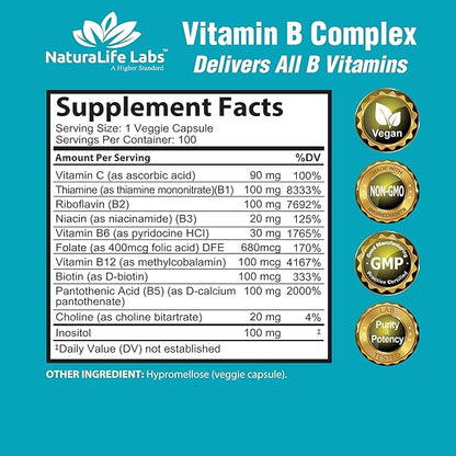 NaturaLife Labs Vitamin B Complex with Vitamin C and Folic Acid - B12, B1, B2, B3, Vitamin B5 Pantothenic Acid, B6, B7, B9 - Nervous System Support 100 Veggie Capsules