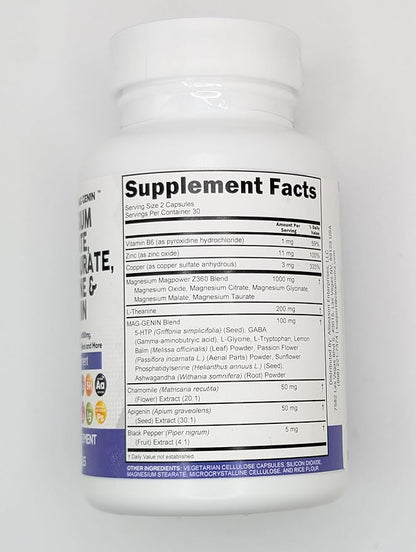 Magnesium Glycinate Complex 1000mg with L-Theanine 200mg Apigenin 50mg Citrate Taurate Supplement - 5-HTP GABA Passion Flower Lemon Balm L-Glycine Phosphatidylserine Ashwagandha - 2Pack