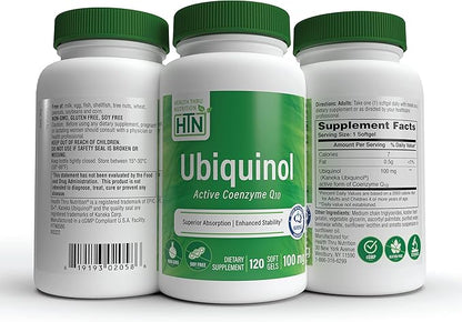 Health Thru Nutrition Ubiquinol 100mg 120 Softgels as Kaneka QH Reduced CoQ-10 | Stabilized - 3rd Party Tested | Enhanced Bioavailability | Cardiovascular & Mitochondria Function Support | Non-GMO