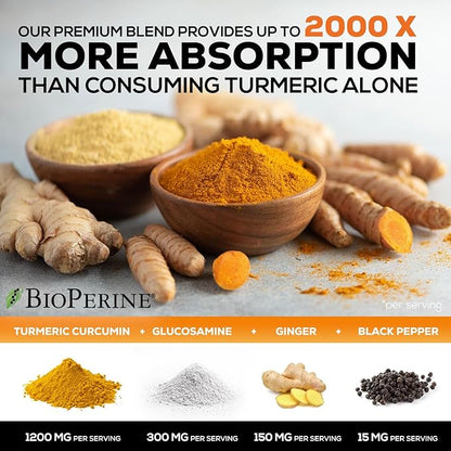 Turmeric Curcumin Supplement 2000mg with Glucosamine Chondroitin & Ginger, 95% Curcuminoids, BioPerine Black Pepper for Best Absorption, Nature's Joint Support, Non-GMO, Bottled in USA - 180 Capsules