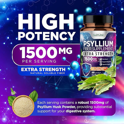 Psyllium Husk Capsules 1500mg - Fiber Supplement - Natural Soluble Fiber Pills with Psyllium Husk Powder - Supports Digestive Gut and Colon Health - Non-GMO, Gluten-Free, Vegan - 60 Capsules
