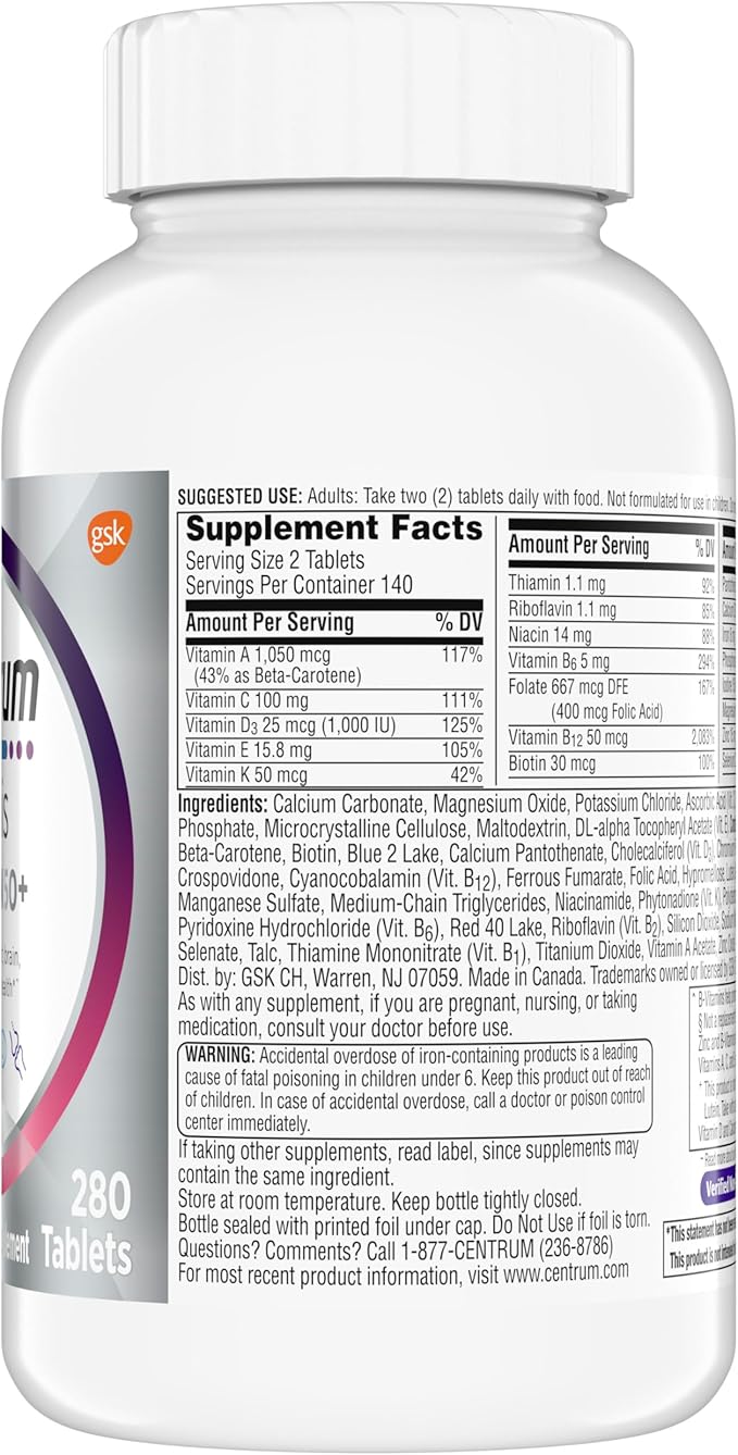 Centrum Minis Silver Women's Multivitamin for Women 50 Plus, Multimineral Supplement with Vitamin D3, B Vitamins, Non-GMO Ingredients, Supports Memory and Cognition in Older Adults - 280 Ct