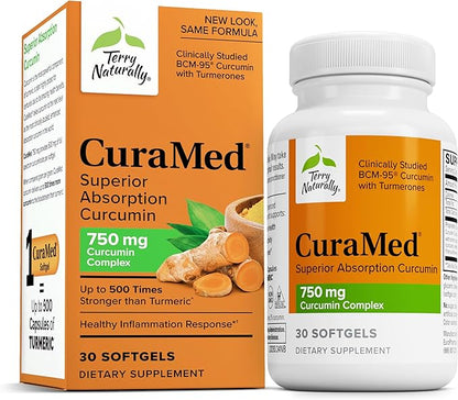 Terry Naturally CuraMed 750mg - Antioxidant Supplement for Brain & Heart Health Support - Dietary Supplement with High-Potency Curcumin Complex - Kidney, Liver & Immune Health Support - 30 Softgels